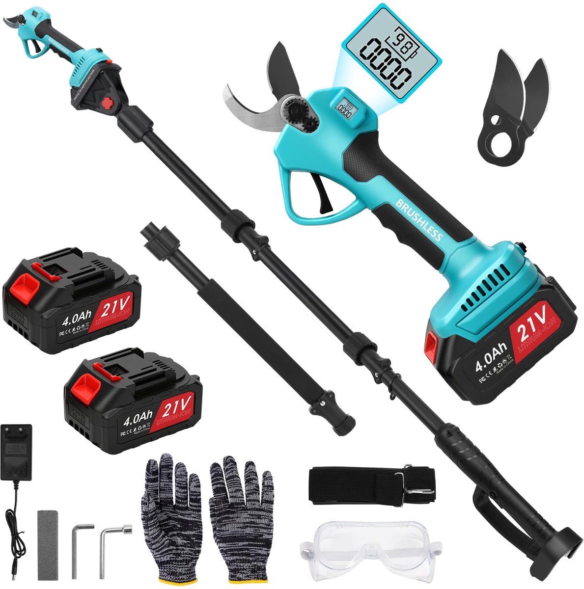 SnelShoppen - Panthem 2-in-1 Accu-Takkenschaar en Telescopische Elektrische Snoeischaar, 43 mm Snijopening, Compatibel met 18V, 4,1 m Bereik, 2 x 4000