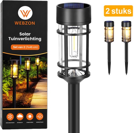 Doos met 'WEBZON Solar Tuinverlichting Set van 2 (7x46 cm)' met 2 zwarte tuinlampen met glazen kap en filament-LED.