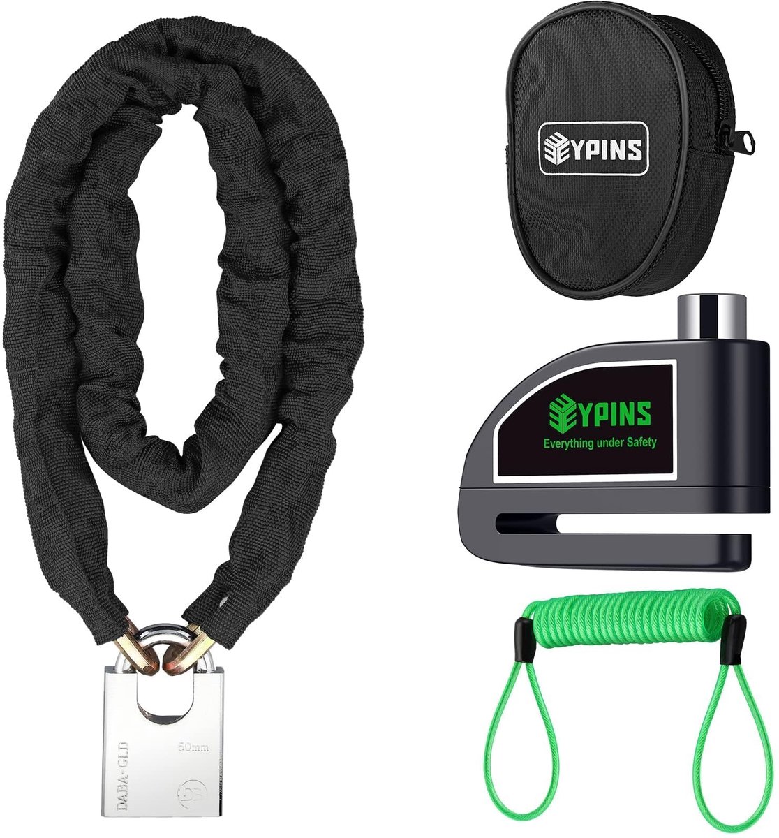 SnelShoppen - EYPINS Motorslot voor Motorfiets met Schijfblokkering, Alarm 110 dB, Waterdicht IP06, Kettingslot 1,2m x 7mm, Herinneringskabel voor Ext
