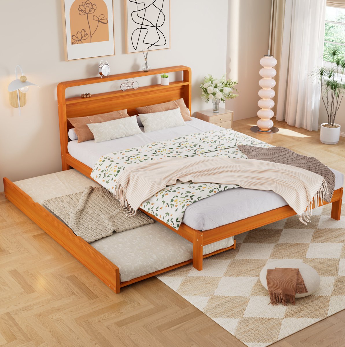 MODFU Bedframe Met Uitrekbed - 140X200 Cm - Natuurlijk - Rond Hoofdbord