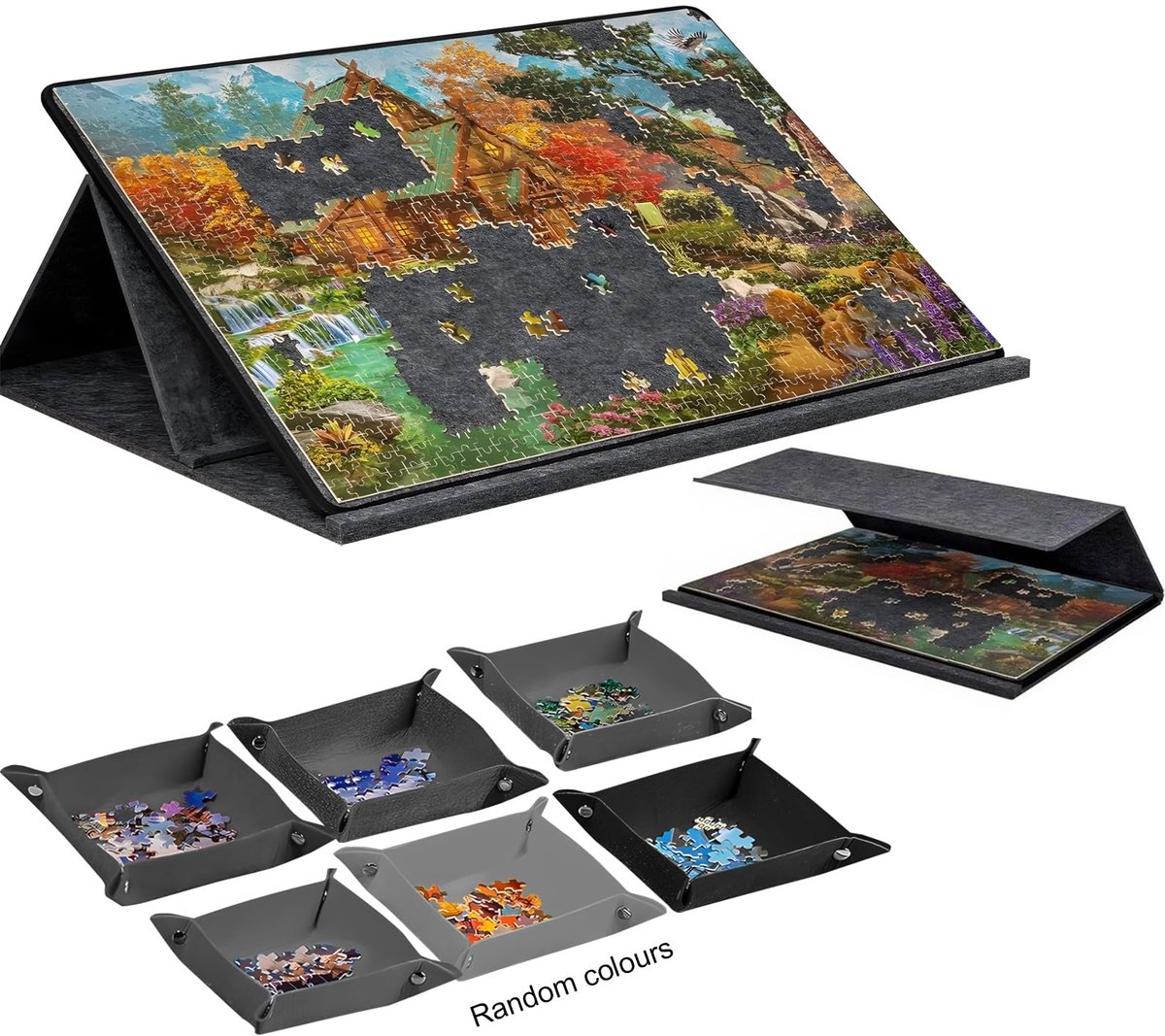 SnelShoppen - Opvouwbaar Puzzelbord 1000 Stukjes - Puzzeltafel met 6 Kleurrijke Sorteerbakjes - Draagbare Puzzelmat met 2-in-1 Afdekking & Puzzelstand
