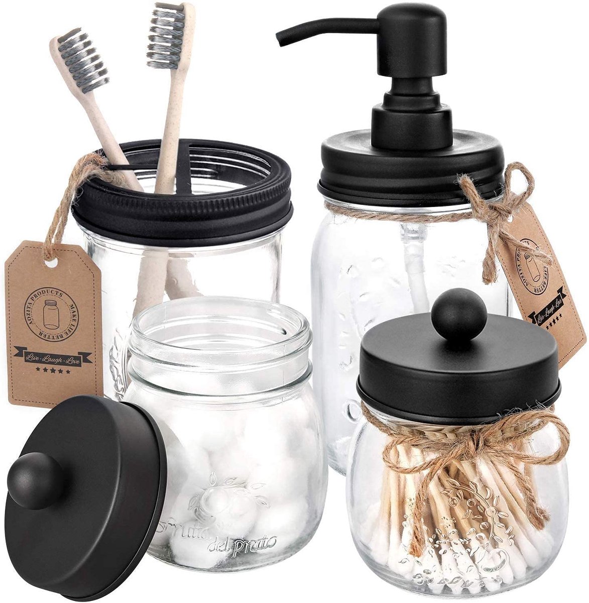 SnelShoppen - Mason Jar Badkamer Accessoires Set 4-delig - Zeepdispenser, 2 Apothecary Potten & Tandenborstelhouder - Rustiek zwart voor Badkamer, Toi