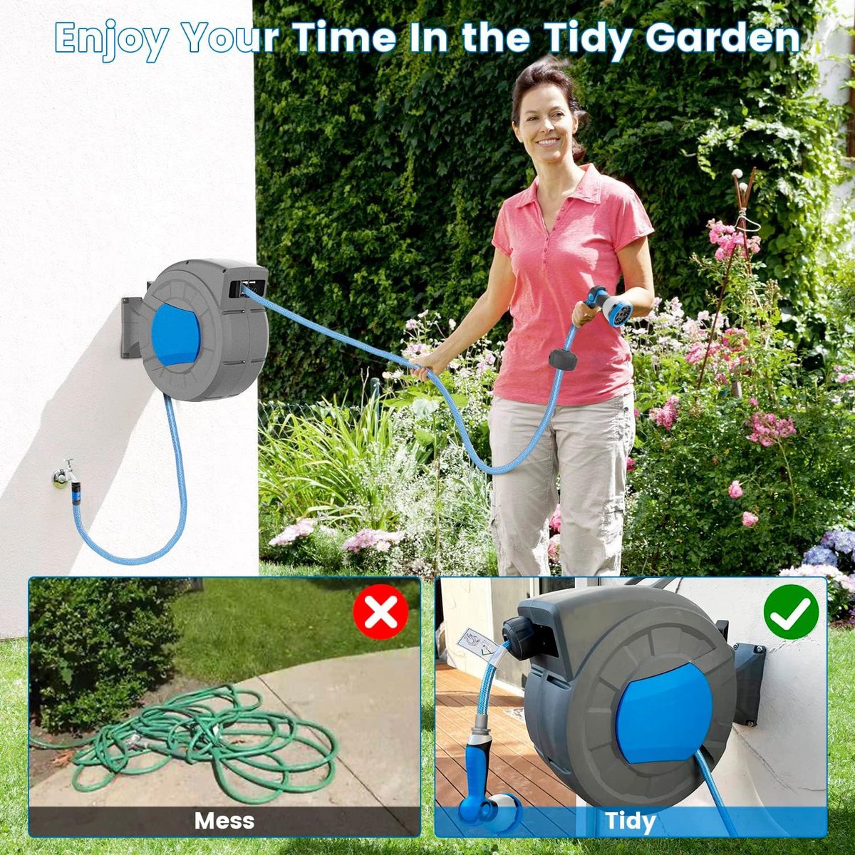 SnelShoppen - Intrekbare Tuinslanghaspel 1/2" x 30m met 2m Wandmontage, Automatische Haspel voor Buiten, 10 Patroon Mondstuk, Vergrendeling op Elke Le
