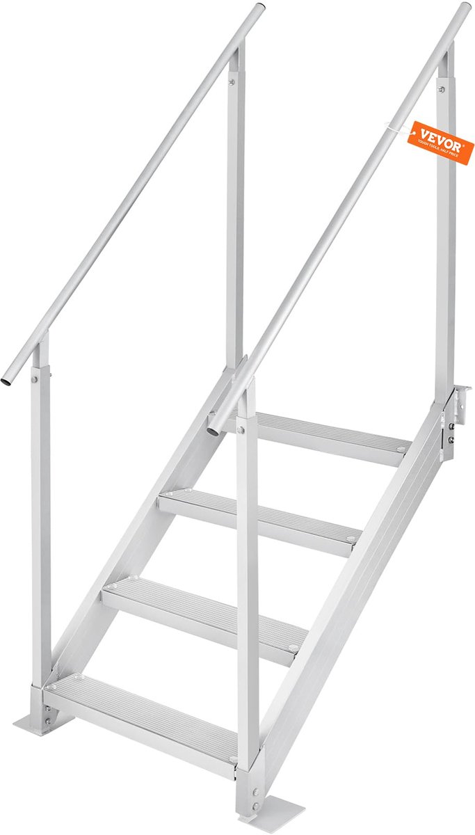 SnelShoppen - Verstelbare Ladder met 4 Treden, Aluminium Doktrap 76-97 cm, Draagvermogen 227 kg, Bootladder met Dubbele Leuning en Antislip Rubberen M