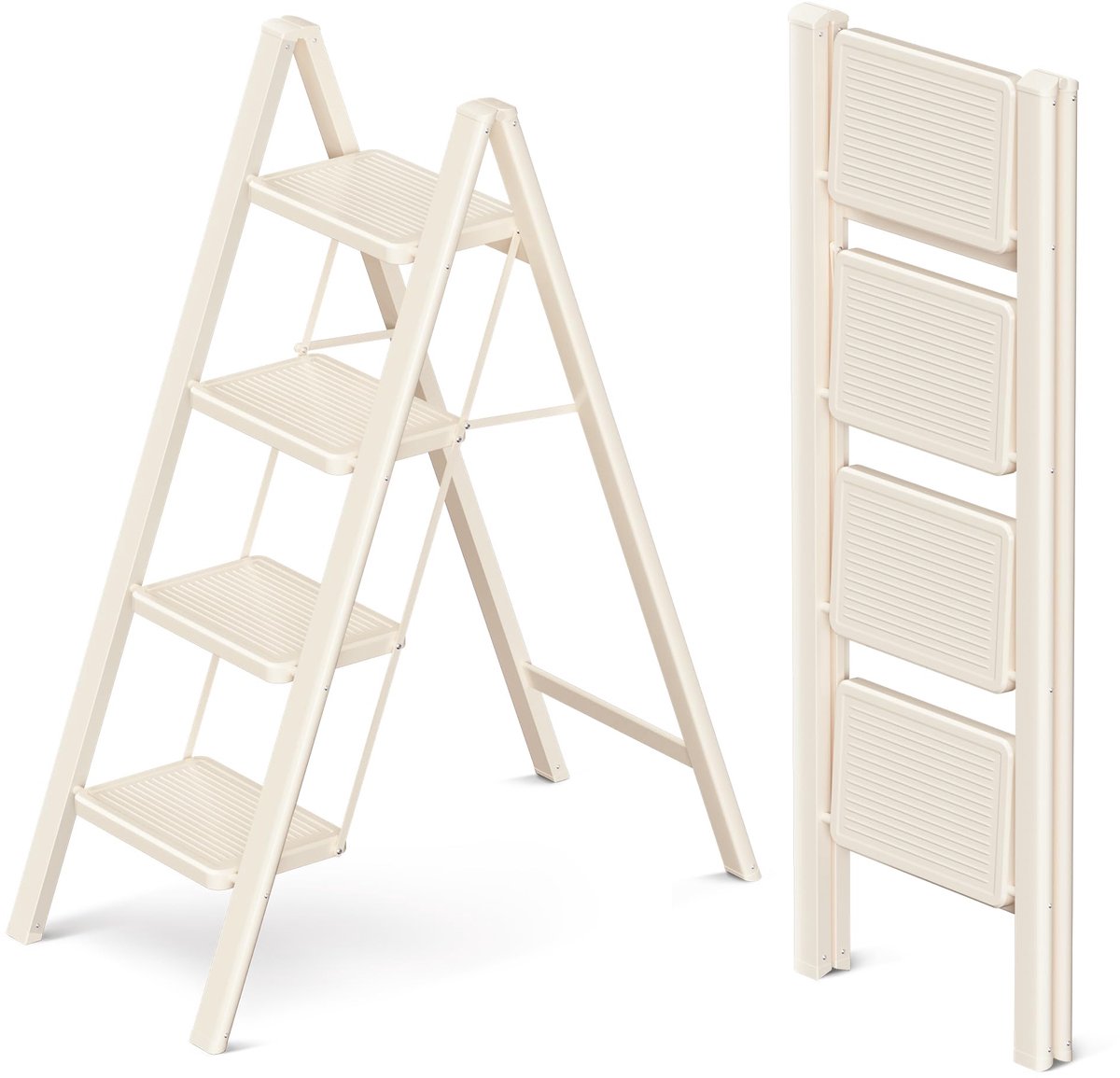 SnelShoppen - Opvouwbare Ladder 4 Treden, Draagbare Trap voor Thuis en Keuken, Antislippedalen, Ijzeren Ladder, Crèmewit, Capaciteit 150 kg