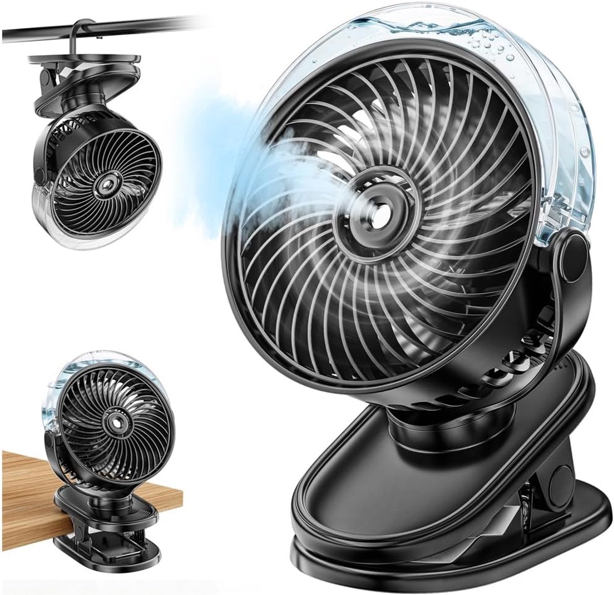 SnelShoppen - Draagbare Misting Clip Op Ventilator, 6000mAh USB-C Oplaadbare Persoonlijke Koelventilator met 4 Snelheden, 2 Mist Modes en LED-Licht -