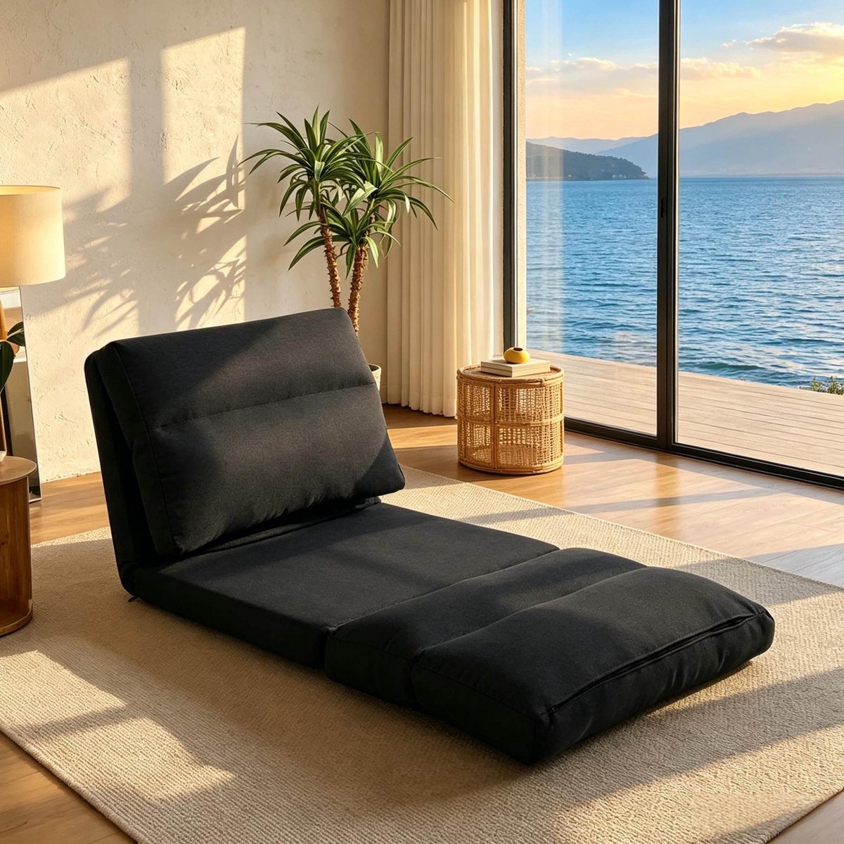 OKWISH Verstelbare Vloerlounger 70 x 72 x 56 Cm - 3 In 1 Relaxstoel Met Rugleuning - 90 Tot 180 Graden - Voor Binnen - Polyester - Zwart
