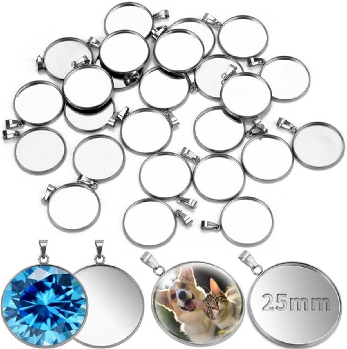 Hangers Trays Kit - 25 cabochon-stenen - Perfect voor DIY sieraden - Zilver - Creatief en veelzijdig - Ideaal voor kettingen en oorbellen