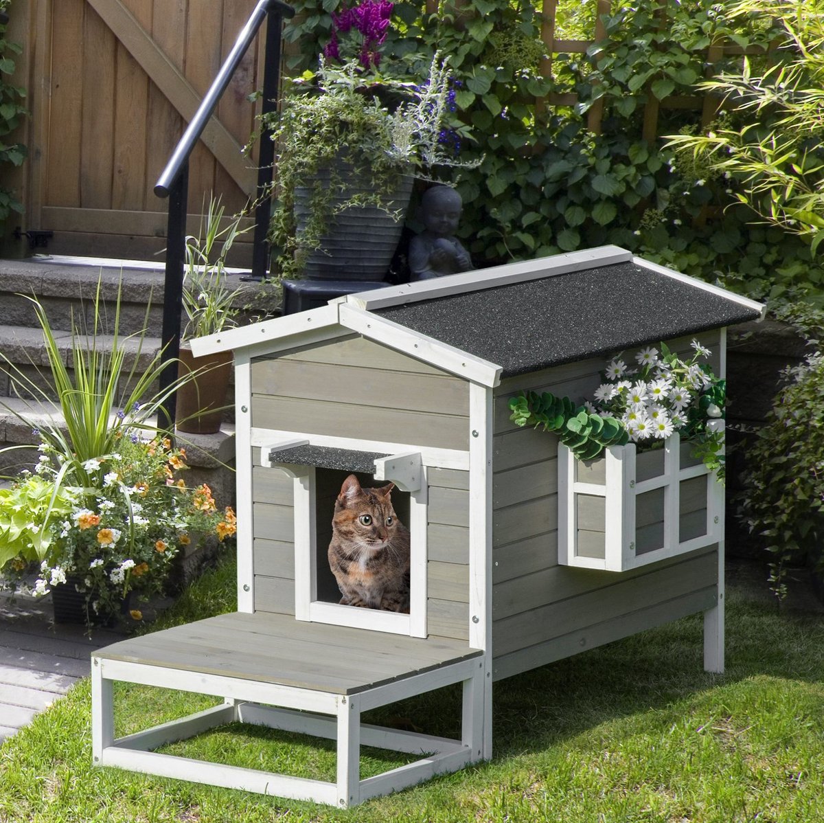 Kattenhuis Met Terras En Balkon - 115 X 66,5 X 74,7 Cm - Hout - Grijs En Wit - Voor Katten En Honden Buiten