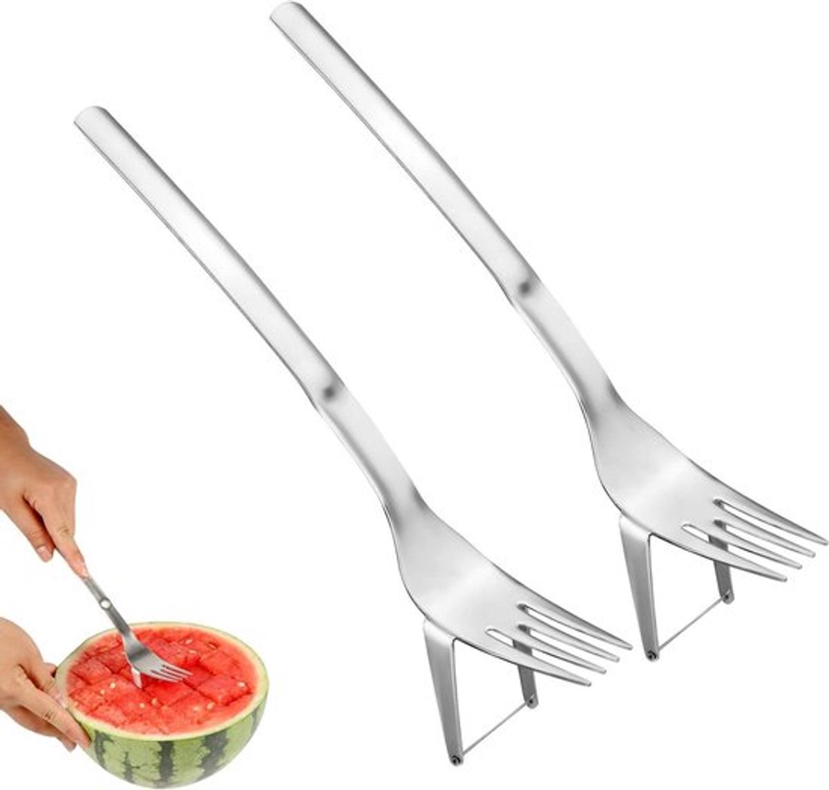 Watermeloen Vork Snijmachine Set, 2-in-1 Roestvrij Staal Fruit Snijvork voor Zomerfeest Camping Familie - Handig en Snel Snijgereedschap