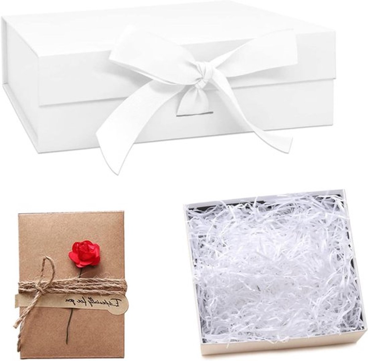 Witte geschenkdoos met lint voor bruiloft, verjaardag, Kerstmis - inclusief deksel, wenskaarten en vulmateriaal