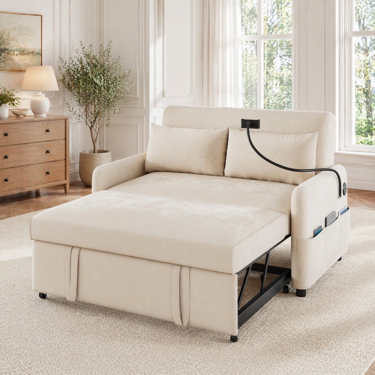 COVREO Slaapbank 129 x 76 x 81 cm - beige chenille, verstelbare rugleuning