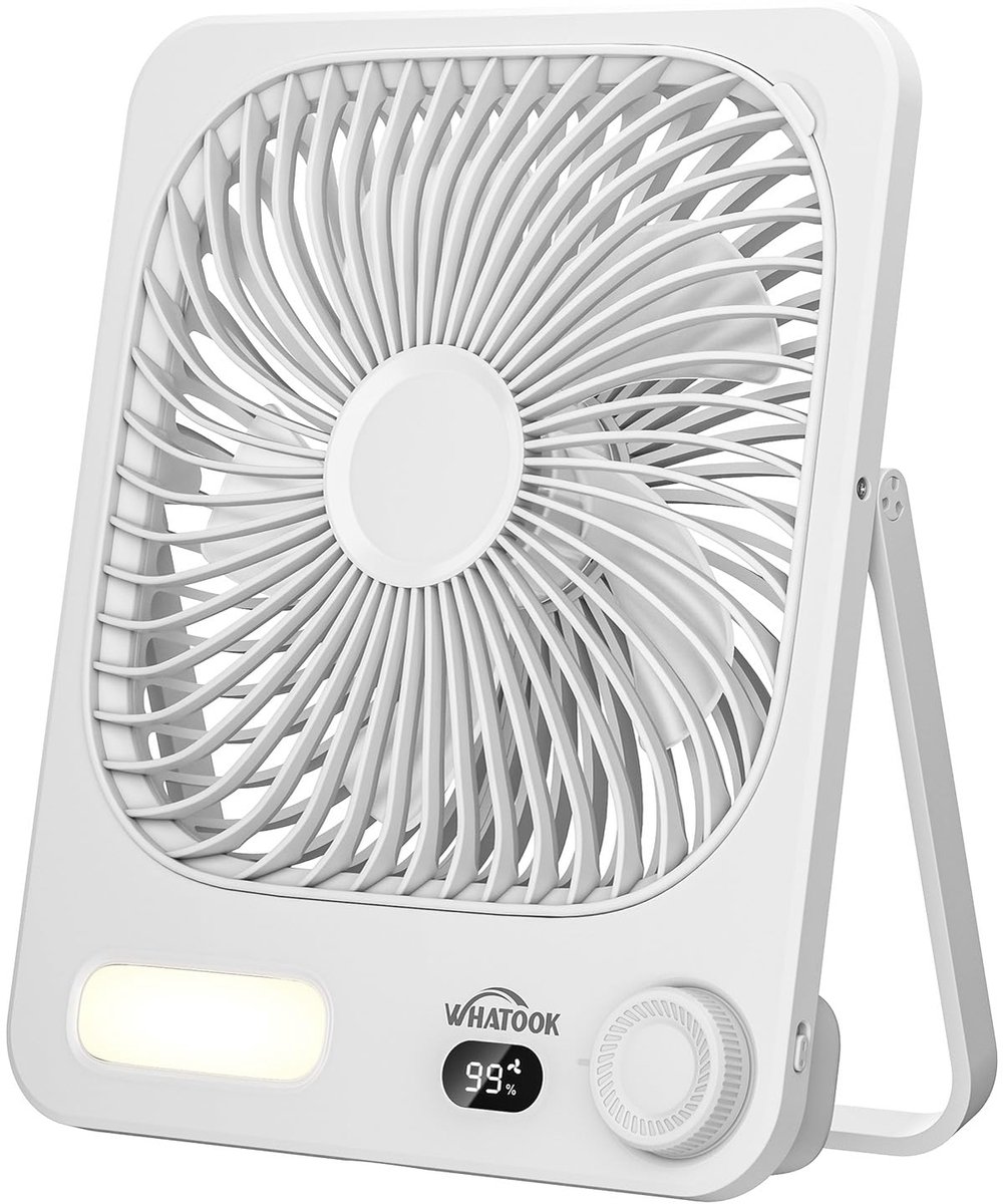 SnelShoppen - Oplaadbare Tafelventilator 10000mAh met Nachtlamp, Stil 30dB, 100 Snelheden, USB C, 40u Gebruik, Auto-Off, Wasbaar Rooster, Haak voor Ca