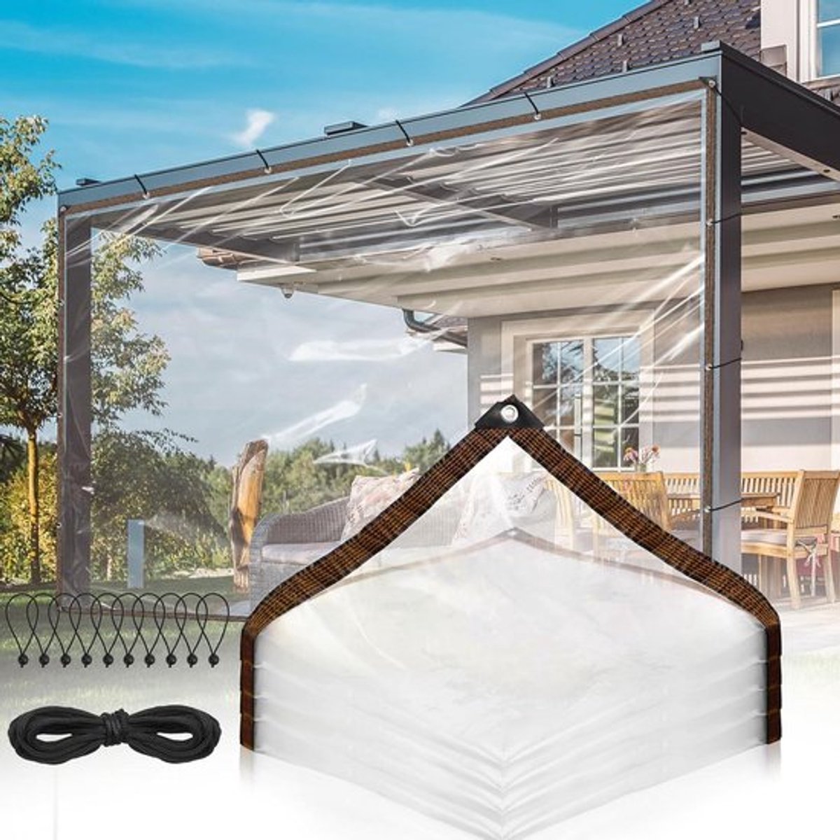 Waterdicht afdekzeil 2x3m voor buiten - doorzichtig met ringen - broeikas, serre, hondenhok - inclusief bindtouw en zeilspanners