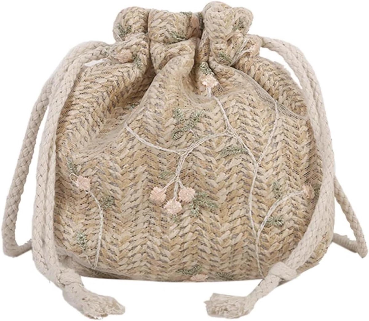Crochet Schoudertas - Rieten Tas Strandtas - Dagelijks Gebruik - Bloemen Borduurwerk - 150x150x60 mm - Wit Bruin