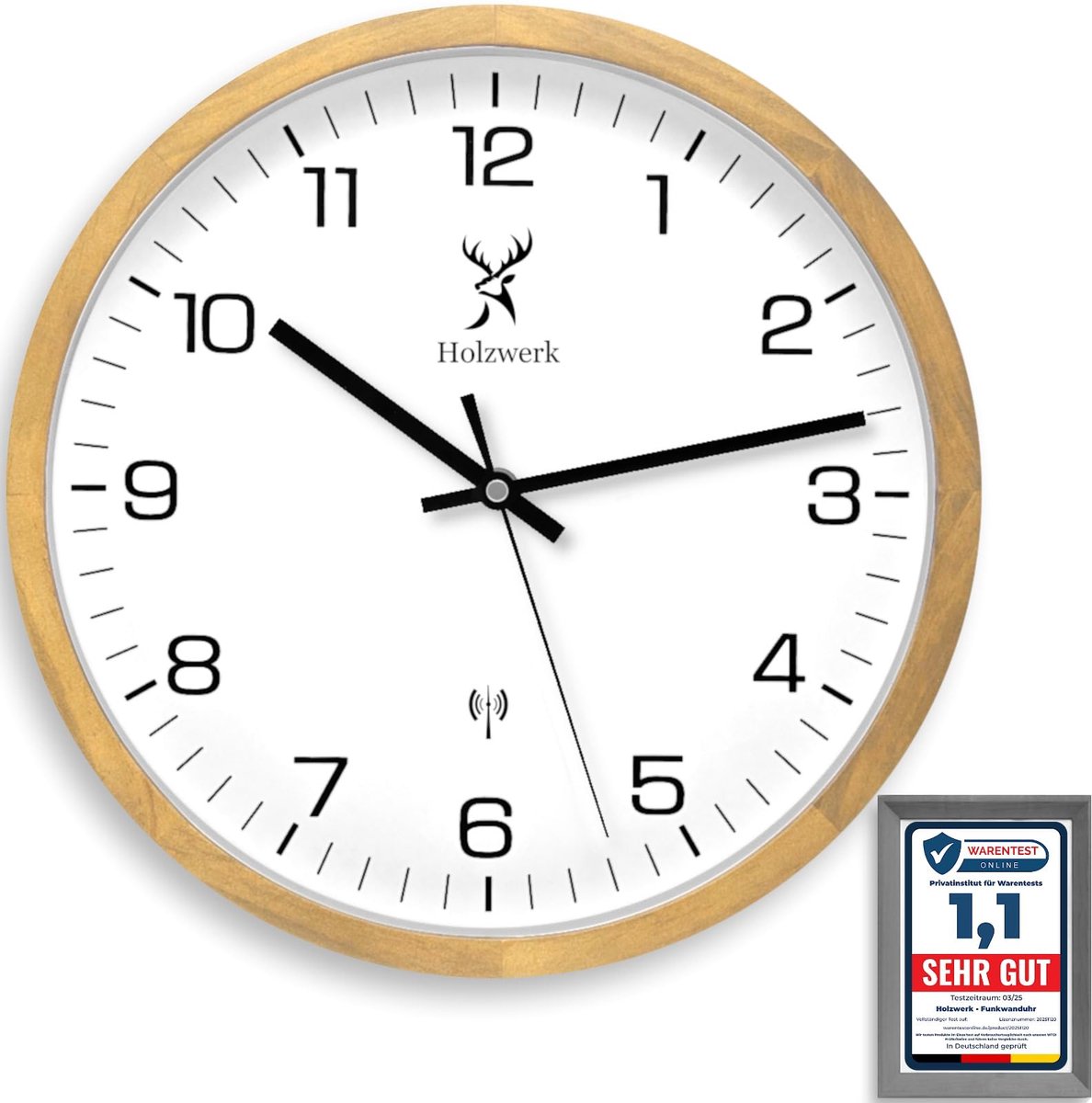 SnelShoppen - Vintage Wandklok Hout, Radiogestuurd, Geruisloos Uurwerk, Handgemaakt Massief Beuken, Bruin/Wit, Perfect voor Thuis en Kantoor