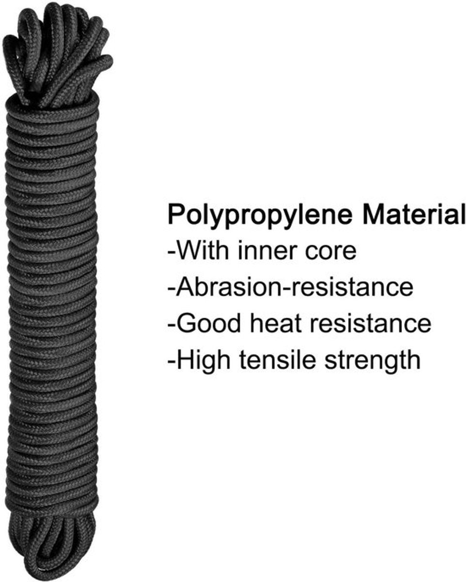 Gevlochten polypropyleen touw 15 meter 6 mm zwart voor camping en waslijn buiten & binnen.