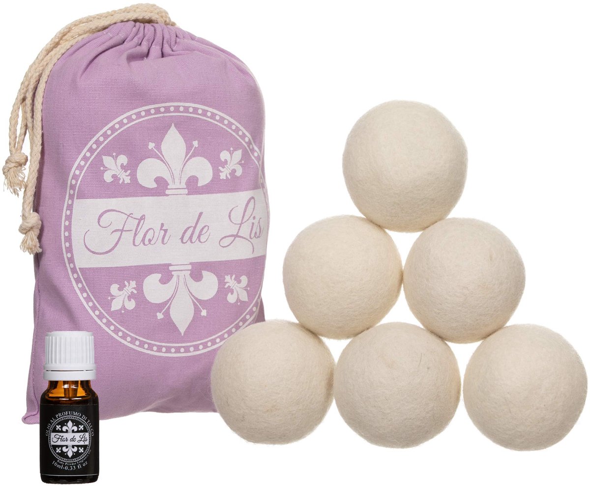 SnelShoppen - Wol ballen voor wasdroger met talkgeur - Wasverzachter, wasparfum, 6 stuks, haar vangend, Made in EU, duurzaam, ideaal voor dagelijks ge