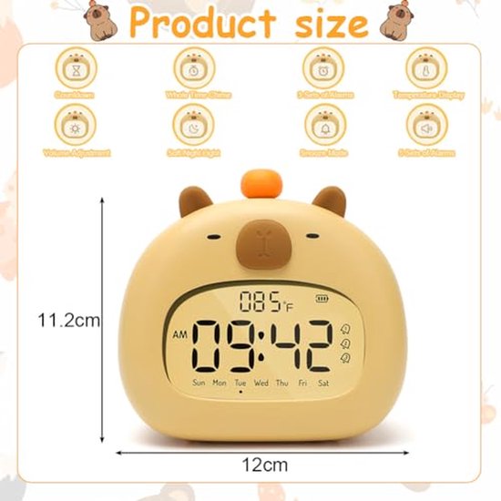 Kinderwekker Nachtlampje - Capybara Wekker - Kinderslaapkamer Decoratie - Zachte Daglichtwekker - 112 x 78 cm - Wit — afbeelding 5