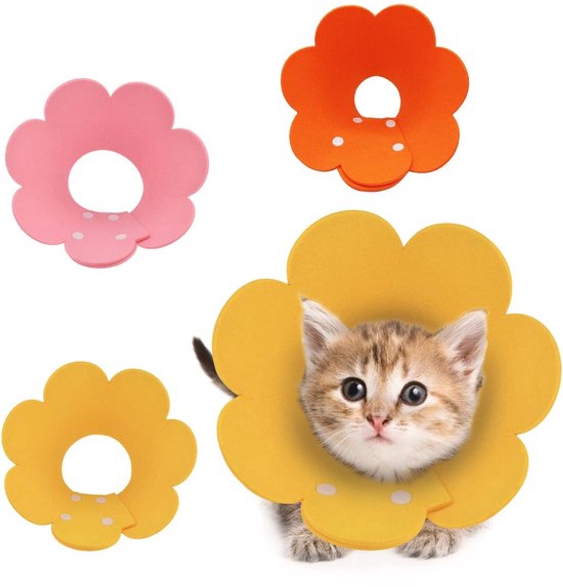Kegelhalsband voor huisdieren - Schattige zonnebloemvorm - Comfortabele herstelhalsband - Geel, Roze en Oranje - Verstelbare kraag voor katten en honden