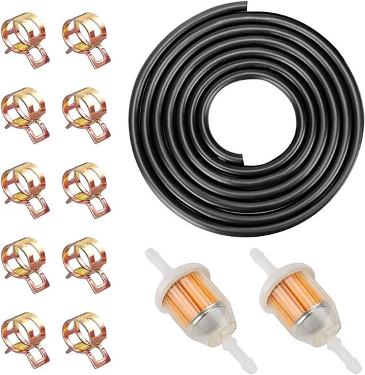 Universele brandstofslangkit Ø 8 mm - 2 m lengte - incl. 10 slangklemmen en 2 benzinefilters