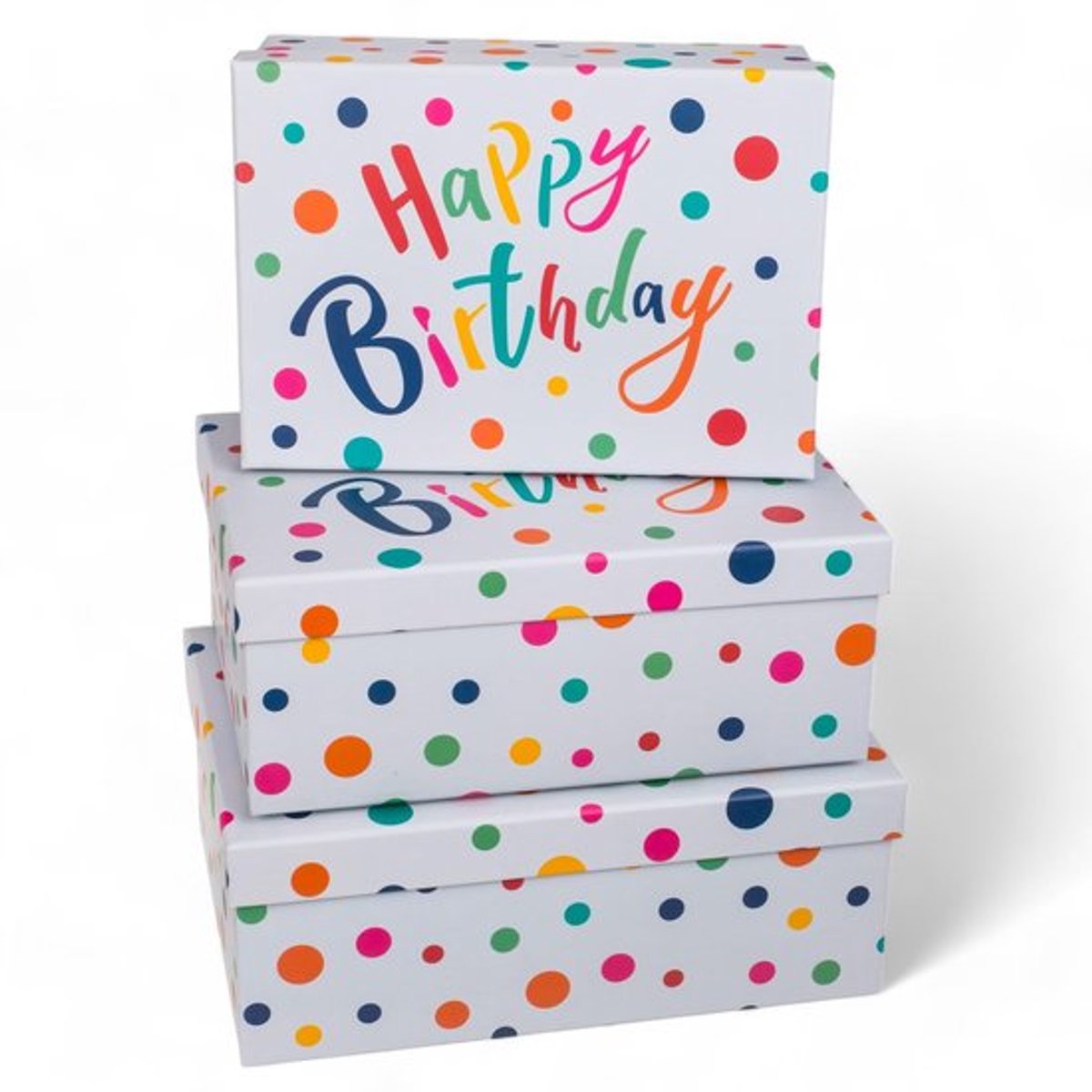 Geschenkverpakking Set van 3 - Happy Birthday Design - Lichtgrijs met Kleurrijke Stippen - 28,5 x 20 x 11 cm - Stijlvolle Cadeauverpakking