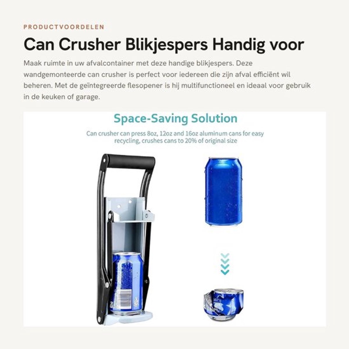 Blikjespers Hoogwaardige Efficiëntie - Flessenpers tot 2,5 Liter - Wandbeugel - 11 x 8 x 30 cm - Geschikt voor Aluminium Blikjes - Handmatige Bediening - Blikjesopener