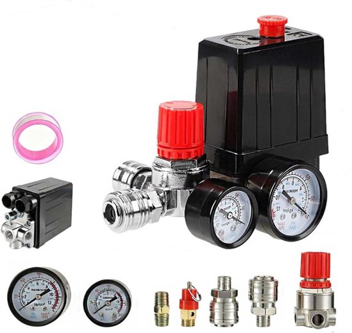 Thijox - Luchtcompressor met Drukschakelaar en Manometer, 220 V, Veiligheidsventiel, Koppelingen, 90-120 psi, Drukregelaar voor Diverse Toepassingen