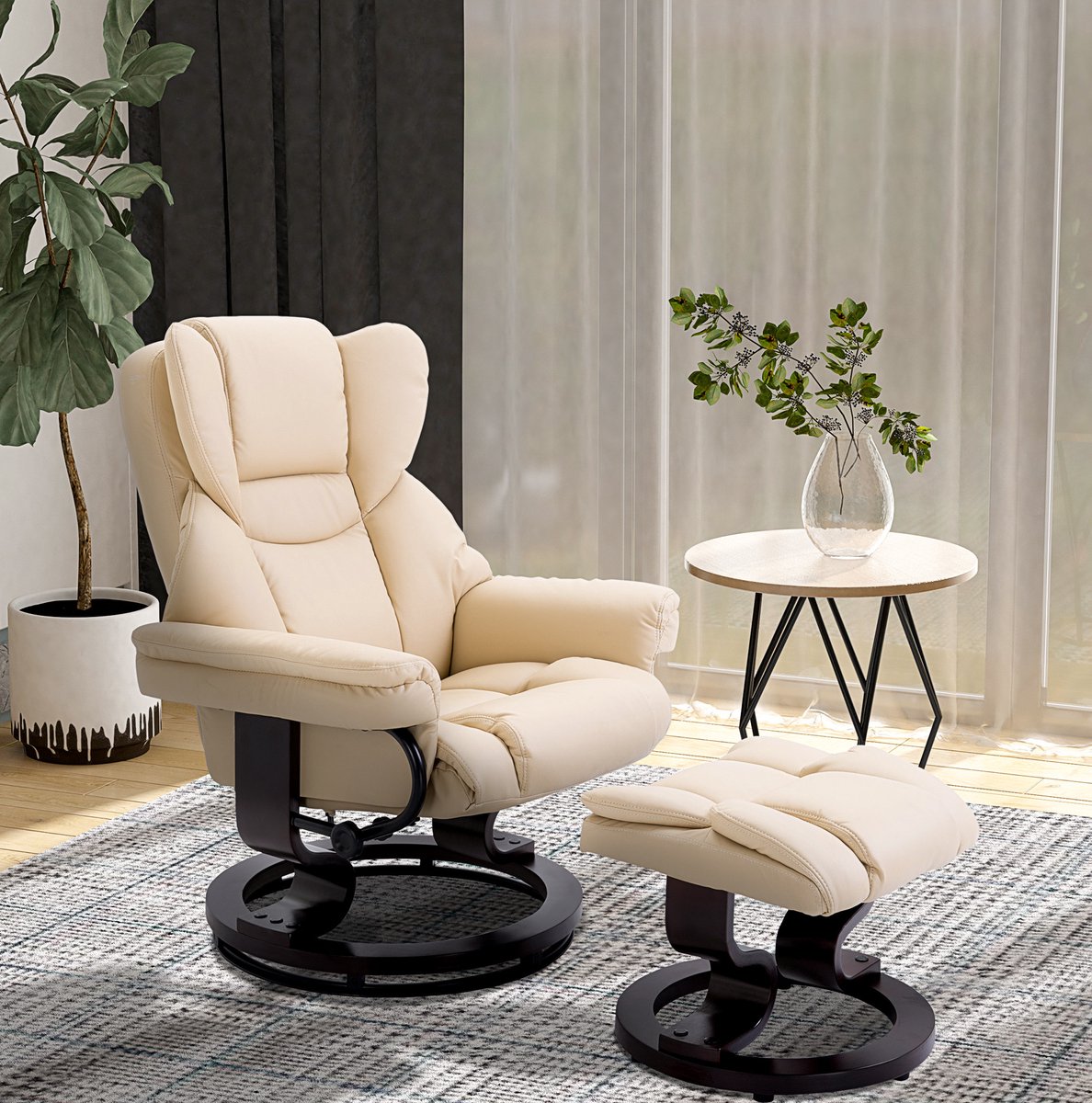 OKWISH Relaxfauteuil Met Hocker - Draaibaar En Handmatig Verstelbaar Tot 145 Graden - Voor Woonkamer En Slaapkamer - Kunstleer - Crème