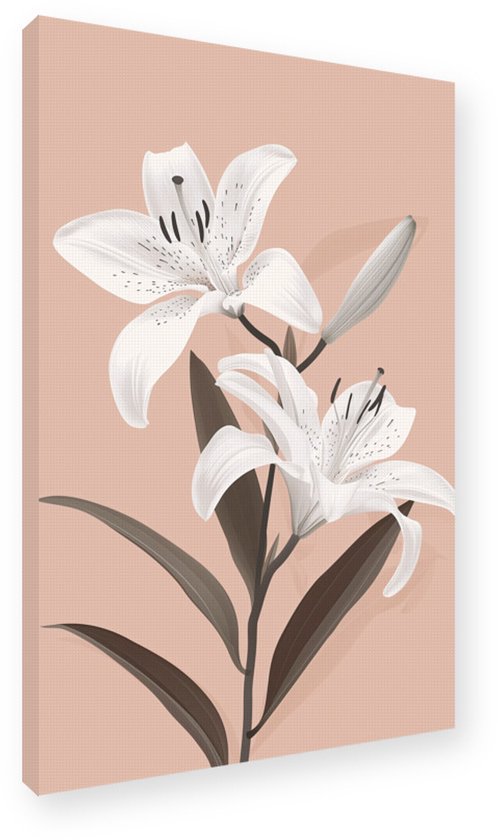 Gedetailleerde weergave van een canvas met twee witte lelies op een perzikkleurige achtergrond.