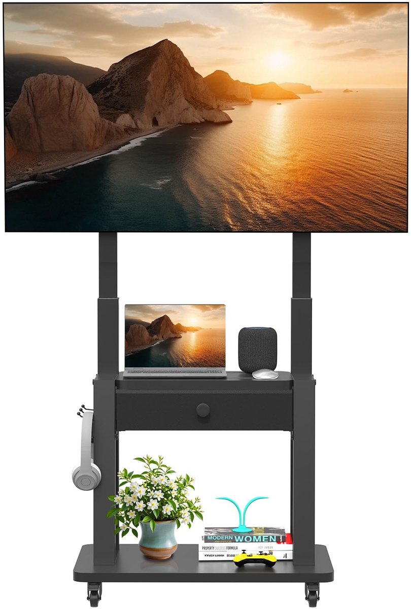 SnelShoppen - Verrijdbaar TV-meubel met Stof Lade voor Platte/Gebogen TV van 32"-75" tot 100kg, Hoogte Verstelbaar en Mobiel met Wielen, Max VESA 600x