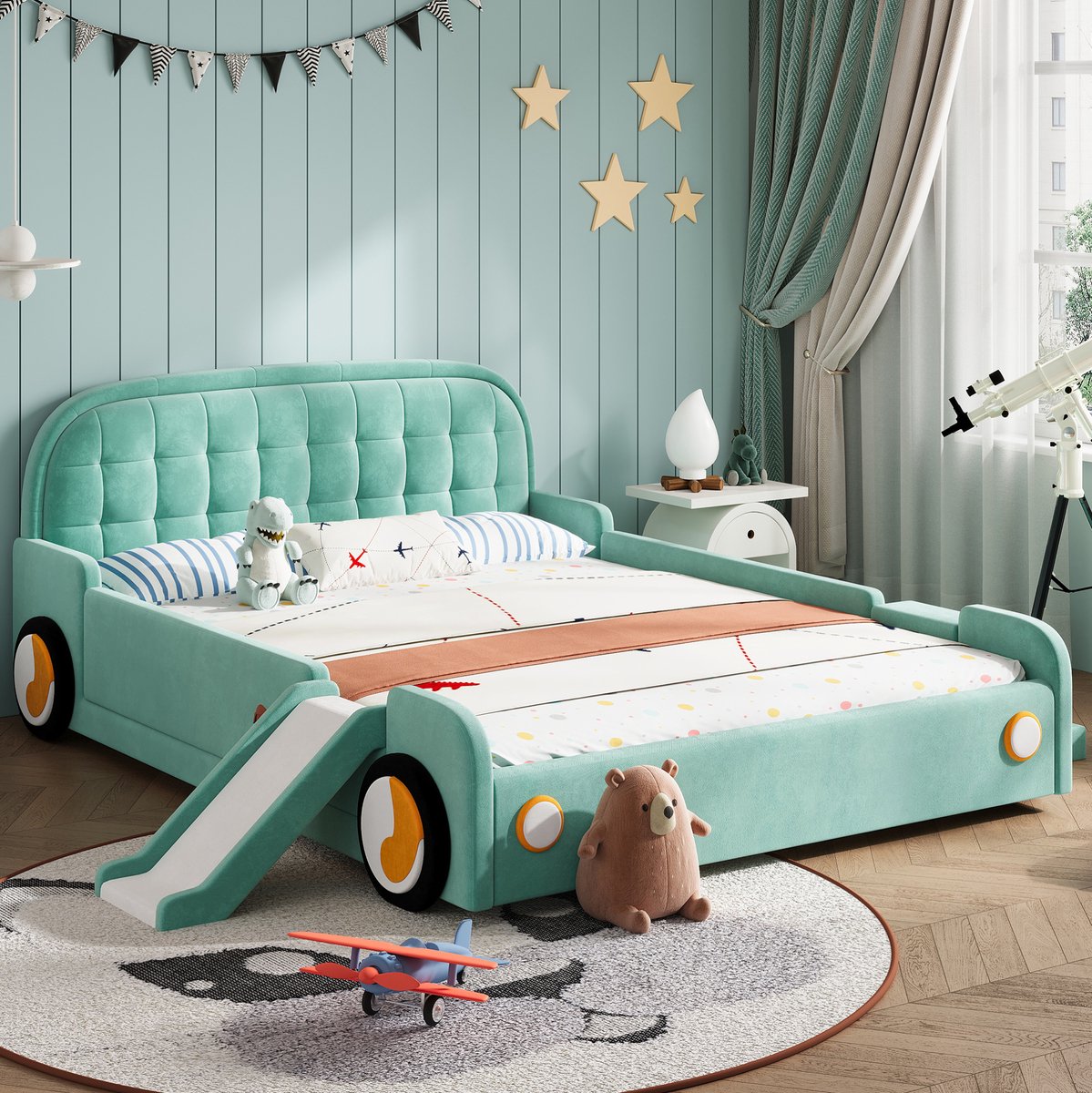 MODFU Kinderbed - Autobed Met Glijbaan En Trap - Blauwgroen - 140 X 200 Cm