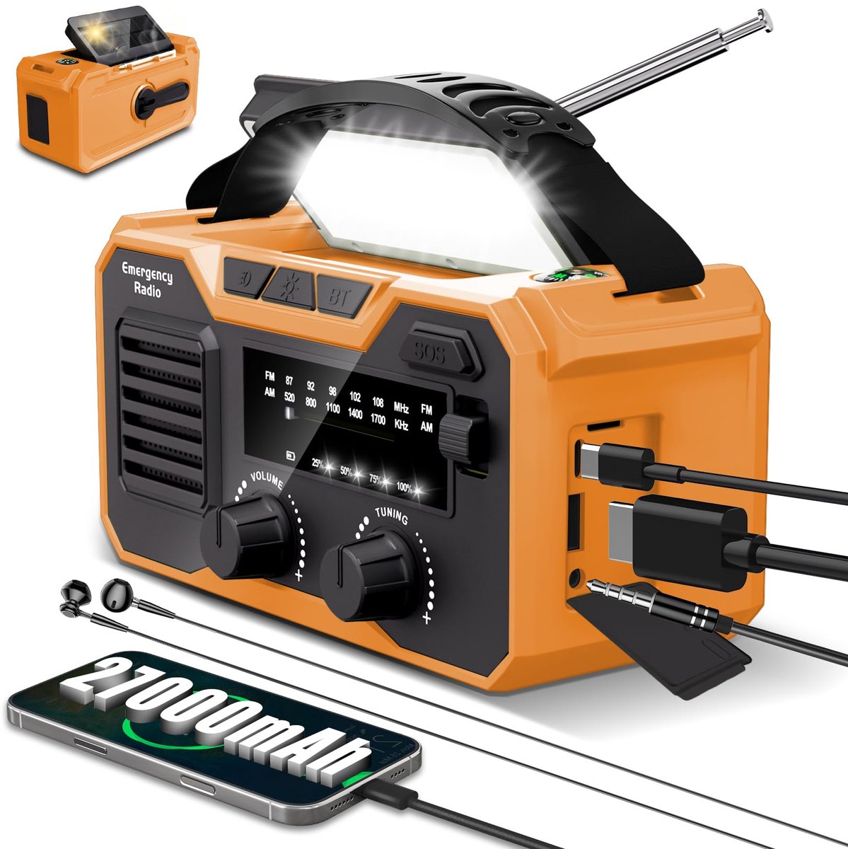 SnelShoppen - 27000 mAh Noodradio met Bluetooth 5.3, FM/AM, SOS Alarm, Kompas, Zaklamp - Opwindbare Outdoor Radio voor Natuurrampen en Camping (Oranje