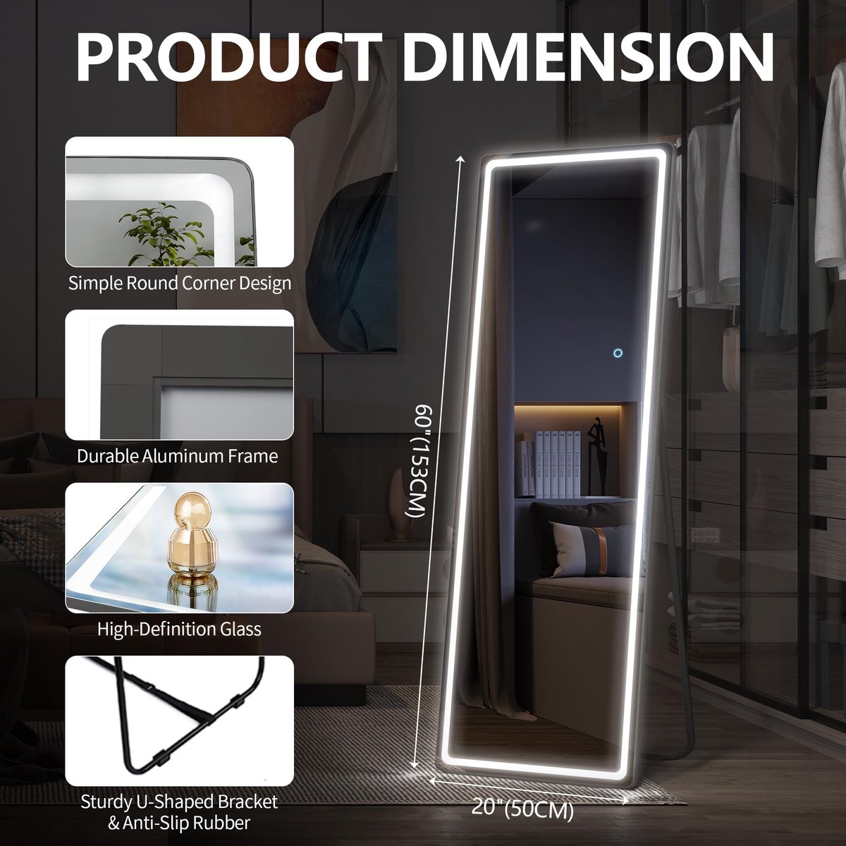 SnelShoppen - LVSOMT Full-Body Spiegel 153x50 cm met LED Verlichting - Vrijstaande Vloerspiegel & Wandspiegel - Grote Staande Cosmeticaspiegel voor Sl