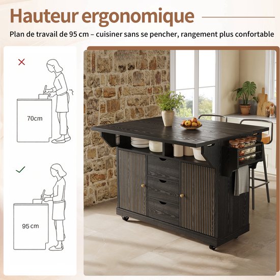OKWISH Buitenkeuken Keukenwagen - Uitklapbare Zijtafels - 3 Lades En Opbergruimte - Verrijdbaar Met Rem - MDF En Metaal Zwart - 142,5×80×95 cm van okwish — afbeelding 2