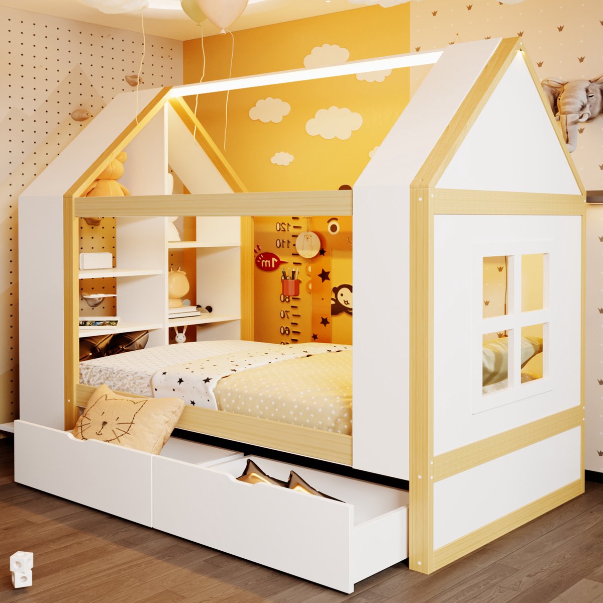 REDOM - Kinderbed - Huisvormig ontwerp - Met twee laden en LED verlichting - Met opbergruimte - Huisstijl - Kinderkamer - Hout en MDF - Wit en Naturel - 235 x 95 x 154.5 cm