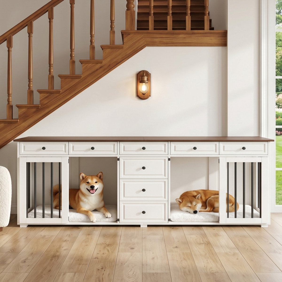 HAUSS SPOLE Hondenbench Kast - Dubbele Binnenbench Voor 2 Kleine Tot Middelgrote Honden Met 8 Lades - MDF En Metaal - 200x60x85 Cm - Wit