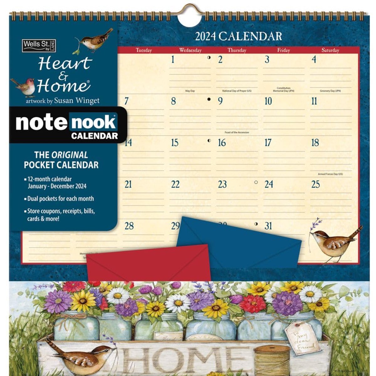 SnelShoppen - Hart & Home Note Nook Kalender 2024 - Mooi ontwerp, 12 maanden, A4 formaat, kleurrijke illustraties voor thuis, kantoor of als cadeau