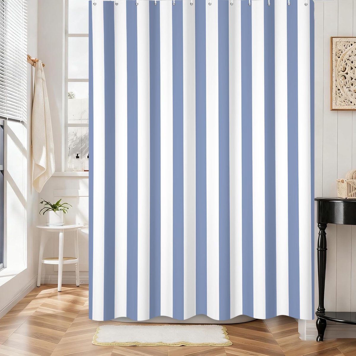 SnelShoppen - Verticaal Gestreept Douchegordijn 120 x 200 cm - Blauw en Wit Vintage Badgordijn - Modern Abstract Minimalistisch Waterdicht Polyester W