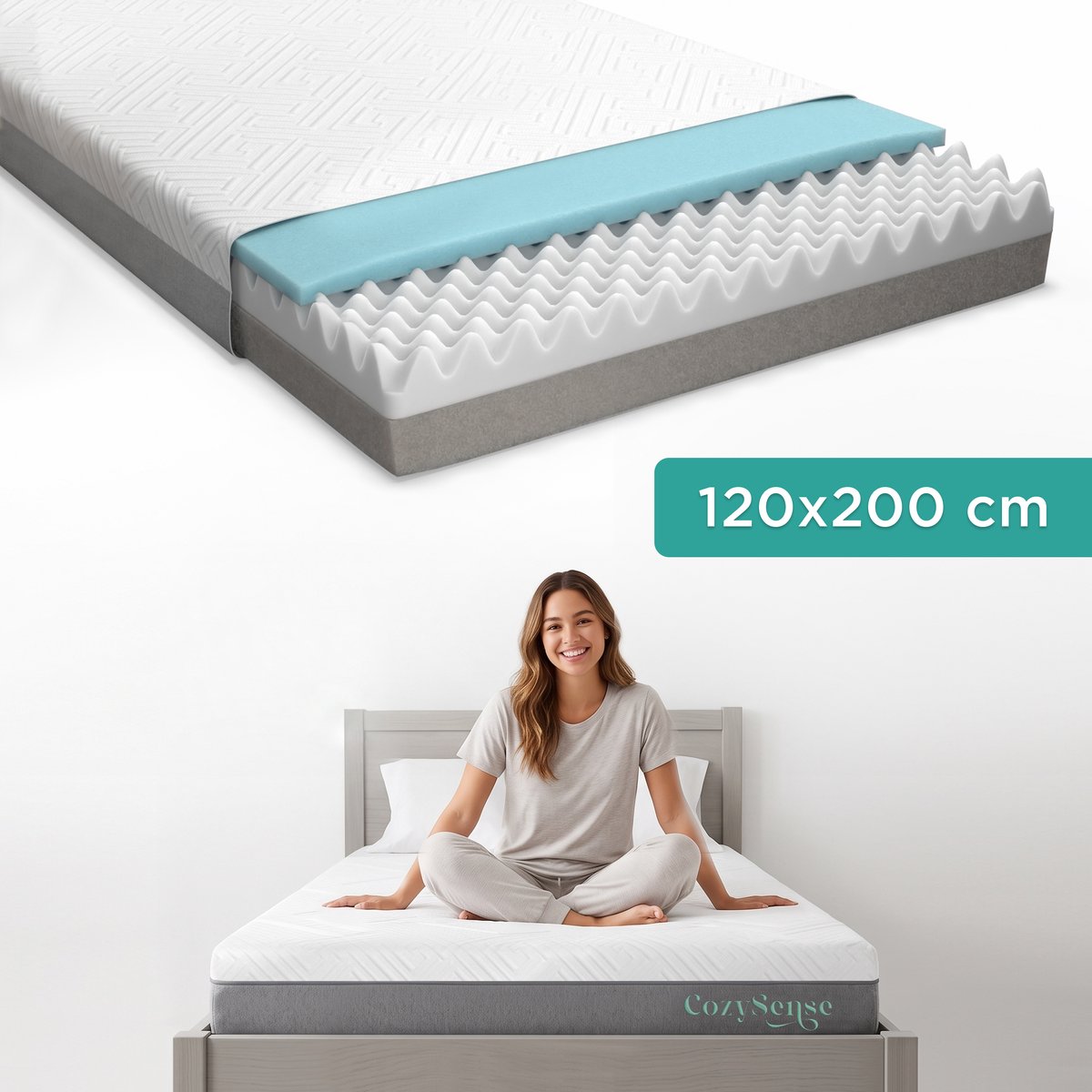 CozySense® Premium Matras 120x200 cm – Eenpersoons – 3 Comfortlagen – Gel Traagschuim & Eierkistschuim – CertiPUR-US® Schuim & OEKO-TEX® Hoes – 20 cm Dik