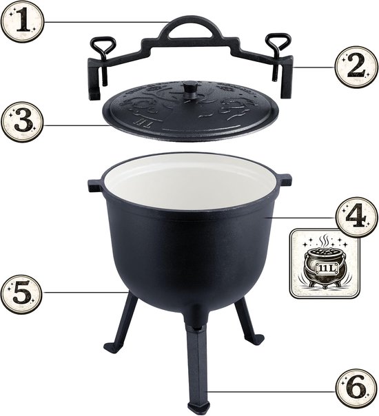 Gietijzeren Pan - Dutch Oven Stoofpan - Buiten Koken - Geëmailleerd Gelijkmatig Garen - 11 Liter - Zwart — afbeelding 3
