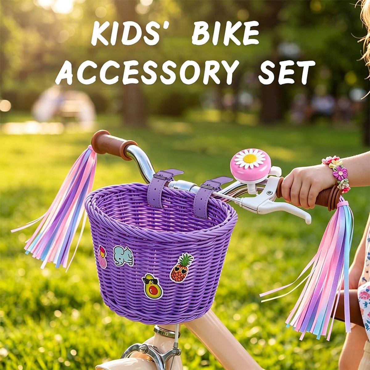 SnelShoppen - Fietsmand voor Kinderen en Meisjes - Afneembaar Gevlochten Rotan met Leren Riemen - Inclusief Slingers, Fietsbel en Stickers - Paars voo