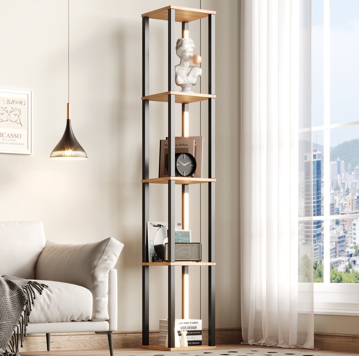 FloraGrace Displaykast En Rek – Vier Etages Met Driekleurige Verlichting – 26 X 26 X 165 Cm – MDF – Zwart En Natuurlijk Hout – Moderne Minimalistische Opbergruimte