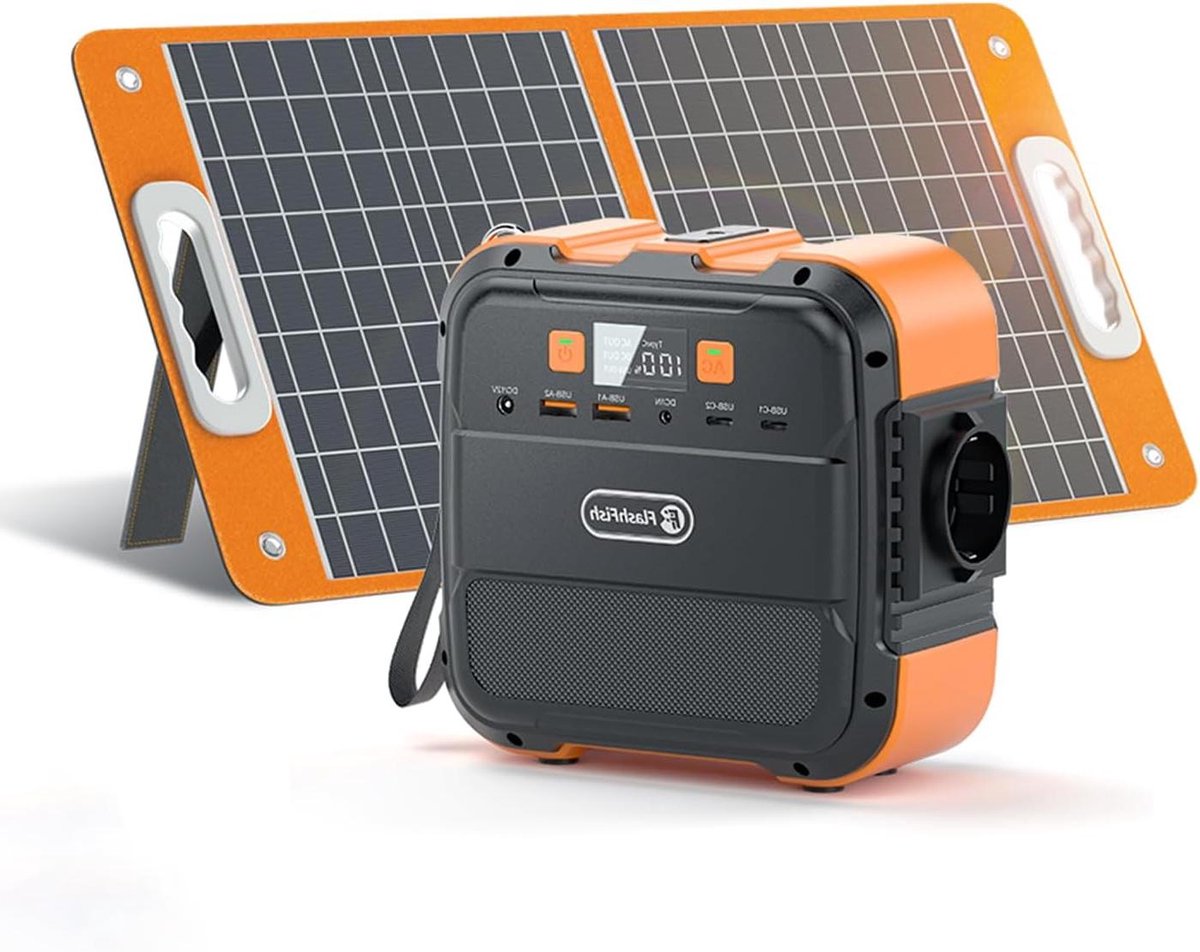Draagbare Powerstation met Zonnepaneel - Energiecentrale Outdoor - Kamperen en Noodstroom - Lichtgewicht en Compact - 98Wh - Grijs