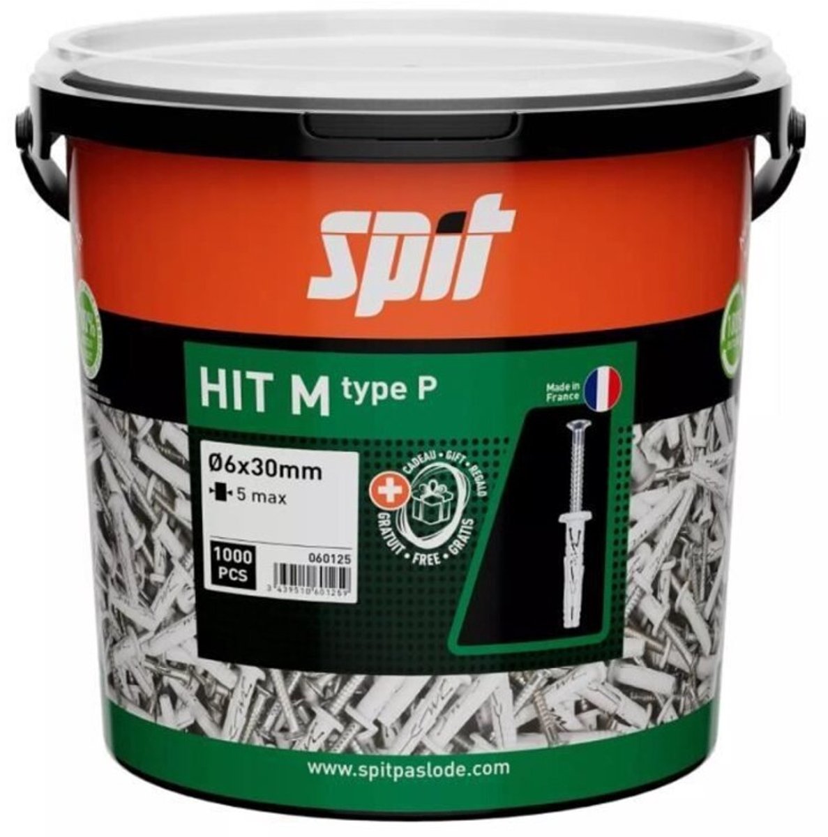 SPIT HIT M SLAGPLUG 6x30/5 P- MET KRAAG (1.000 STUKS IN ECO EMMER)