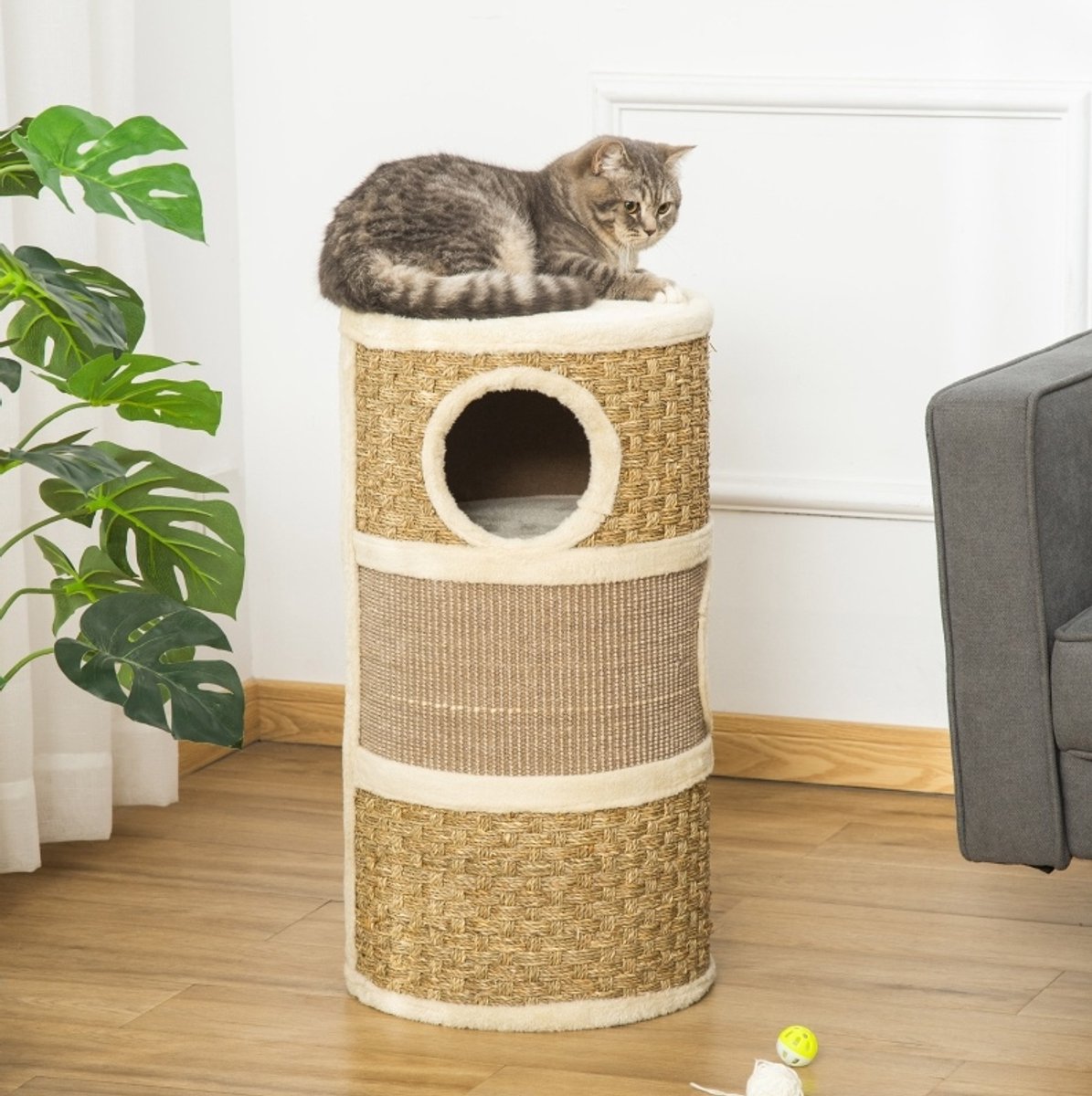 MIVRAY Krabton - 3 Niveaus Met Sisal En Pluche - 37,5 X 37,5 X 70 Cm - Bruin - Kattenkrabpaal Voor Rust En Krabplezier
