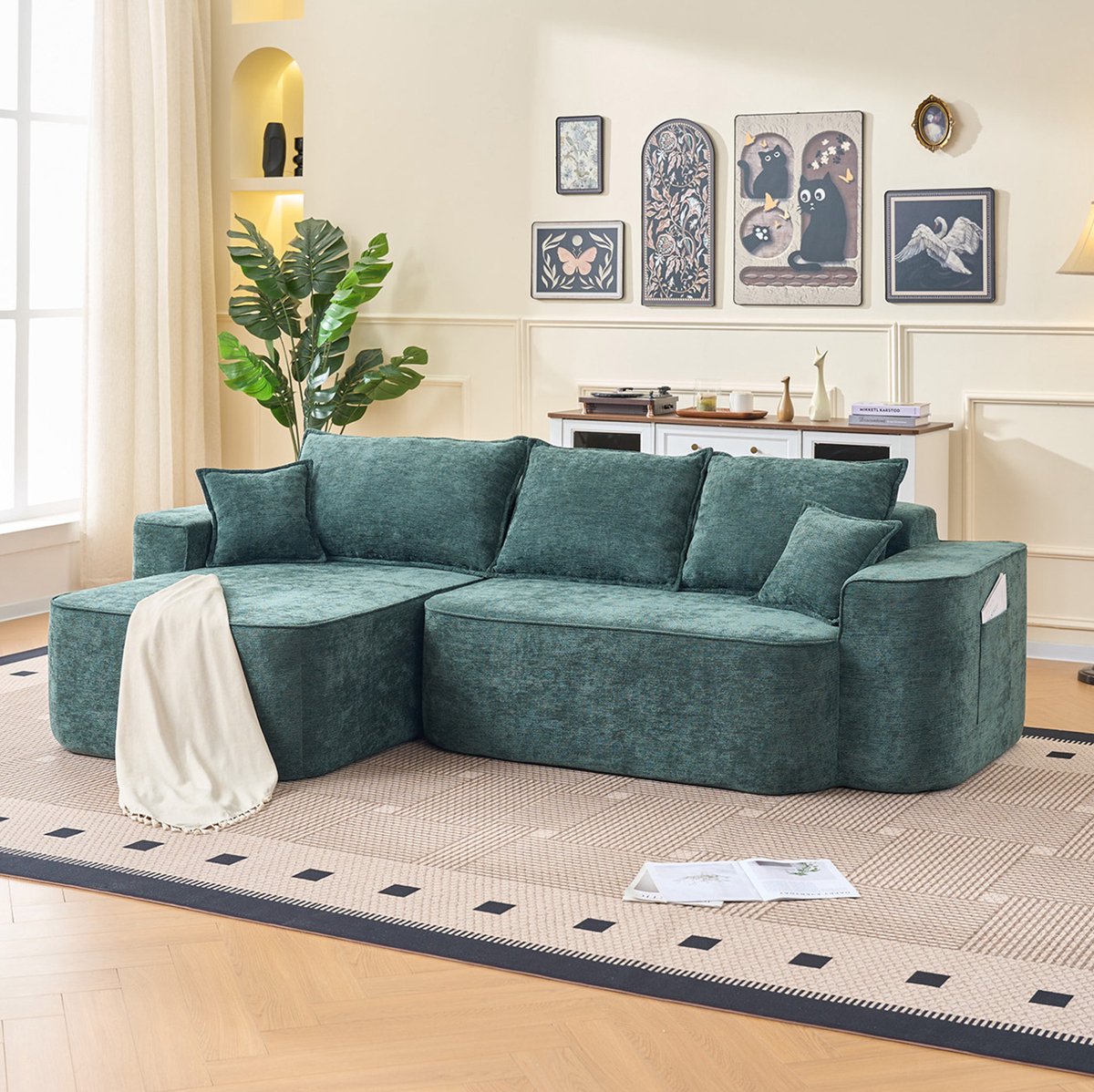 COVREO Hoekbank 262 cm – groen chenille, L-vorm, zonder montage