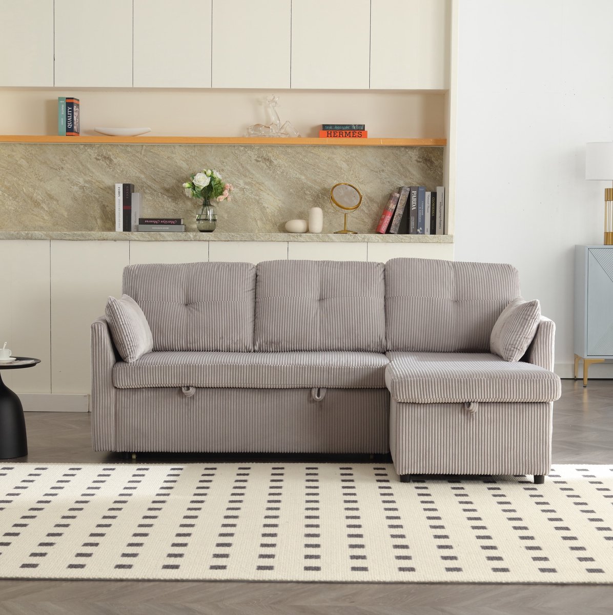COVREO Slaapbank 206x108x66 cm - lichtgrijs corduroy, opbergruimte en omkeerbare chaise longue