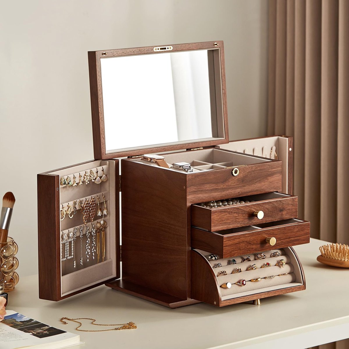 SnelShoppen - Zwart Walnoot Sieradendoos met 4 Lagen Massief Hout, 2 Zijdeuren, Spiegel & Afsluitbaar Slot voor Horloges & Sieraden, Perfect Cadeau vo