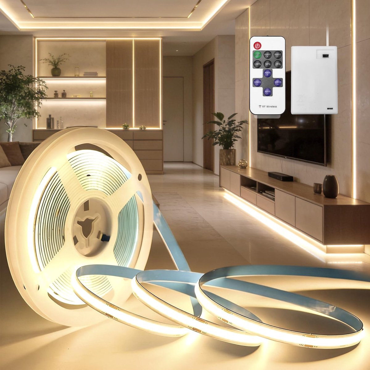 SnelShoppen - Dimbare LED Strip 3M - Batterij Aangedreven 4000K Natuurlijk Wit - 320 LEDs/M - Zelfklevend en Flexibel - Ideaal voor Slaapkamer, Keuken